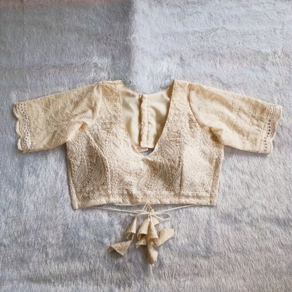 White Chikan Embroidery V Neck Back Knot Cotton Blouse