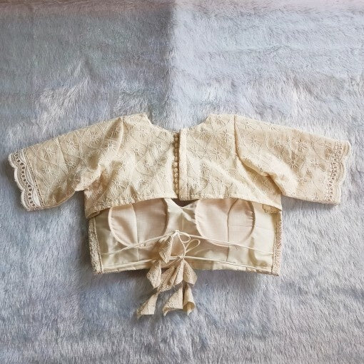 White Chikan Embroidery V Neck Back Knot Cotton Blouse