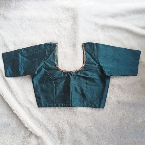 Teal Blue Round Neck Raw Silk Blouse