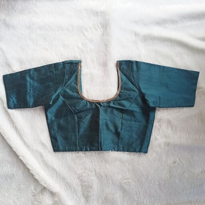 Teal Blue Round Neck Raw Silk Blouse