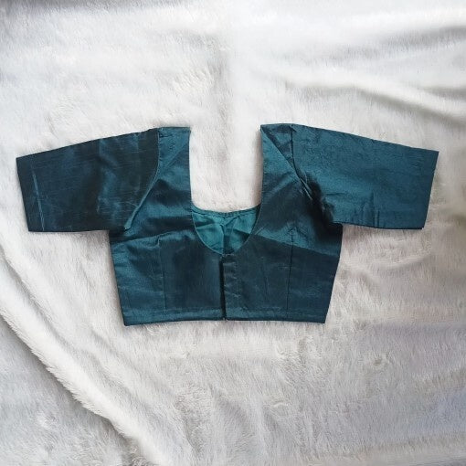 Teal Blue Round Neck Raw Silk Blouse