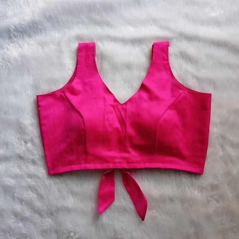 Pink V Neck Back Knot Raw Silk Blouse