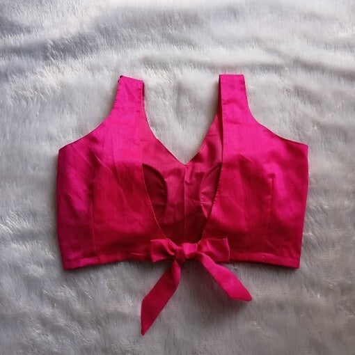 Pink V Neck Back Knot Raw Silk Blouse