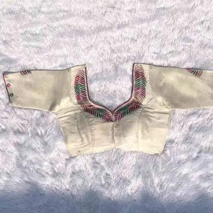 White Multicolor HnadWork Neck Embroidery Line Raw Silk Blouse 