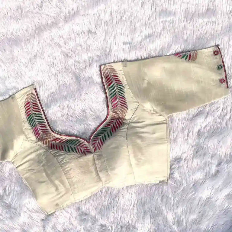 White Multicolor HnadWork Neck Embroidery Line Raw Silk Blouse 