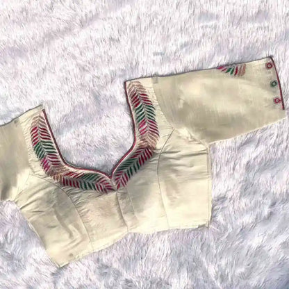 White Multicolor HnadWork Neck Embroidery Line Raw Silk Blouse 