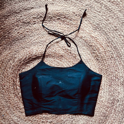 Black Plain Halter Neck Taffeta Removable Pad Blouse - Fal3336