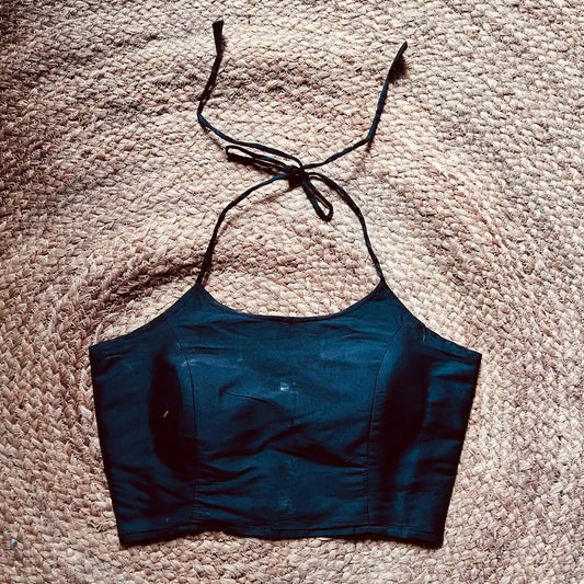 Black Plain Halter Neck Taffeta Removable Pad Blouse - Fal3336