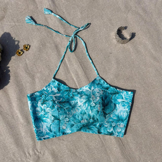 Blue Floral Zig Zag Halter Neck Mul Blouse - Fal3337