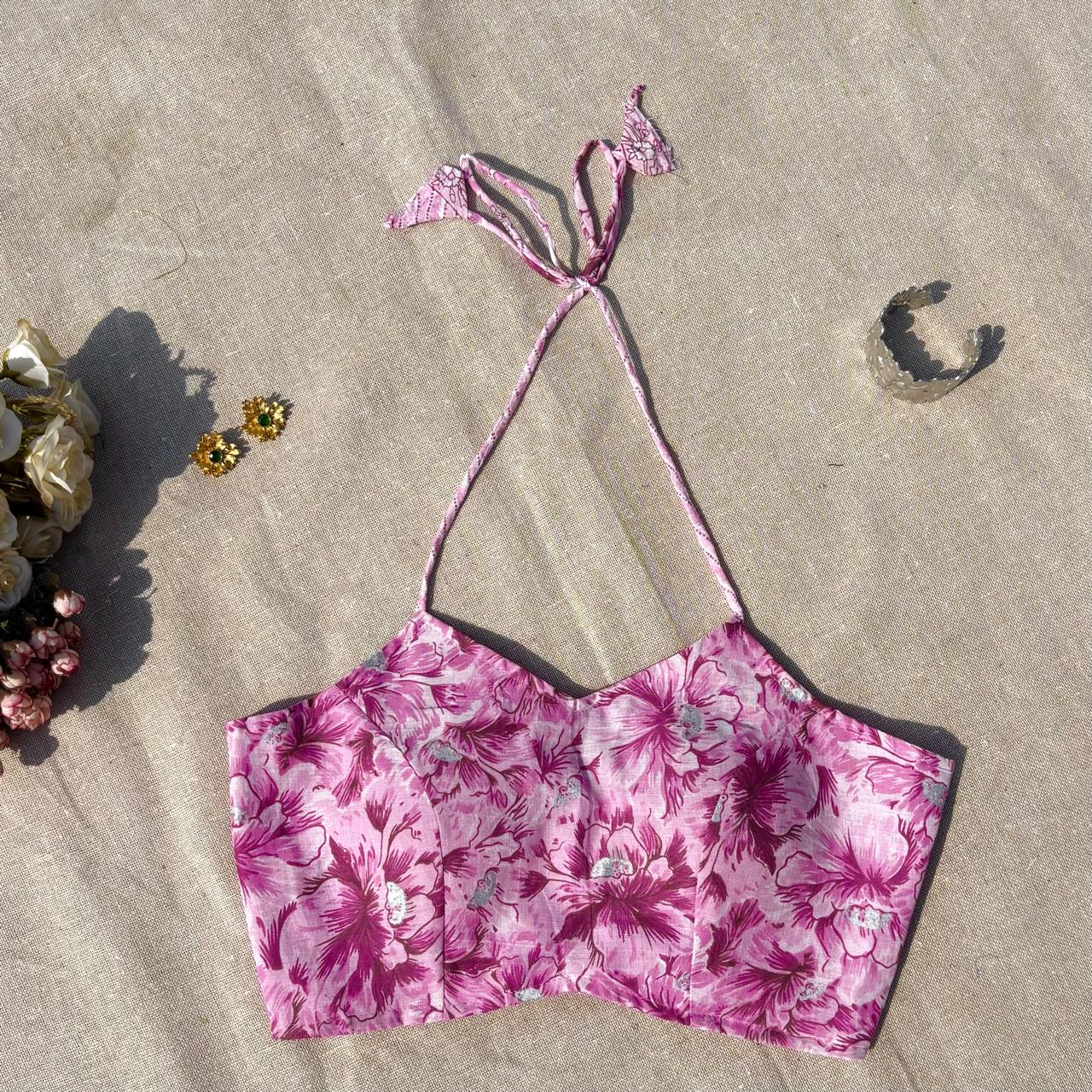 Lavender Pink Floral Zig Zag Halter Neck Mul Blouse - Fal3338