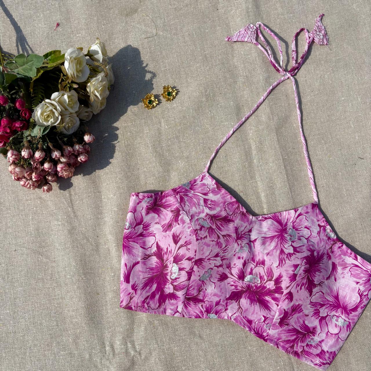 Lavender Pink Floral Zig Zag Halter Neck Mul Blouse - Fal3338