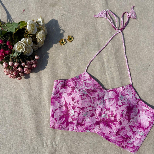 Lavender Pink Floral Zig Zag Halter Neck Mul Blouse - Fal3338