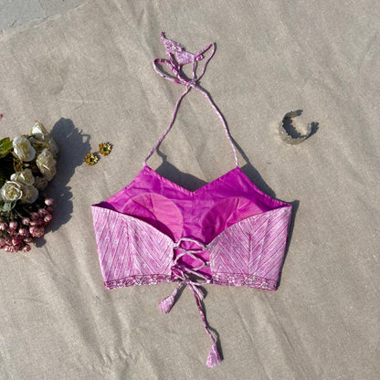 Lavender Pink Floral Zig Zag Halter Neck Mul Blouse - Fal3338
