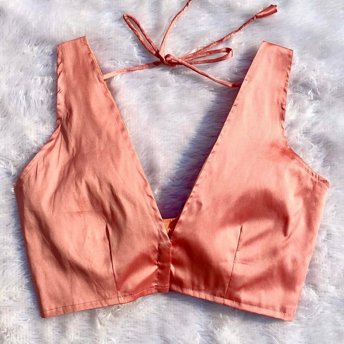 Peach Deep V Neck Plain Raw Silk Blouse - Fal3339