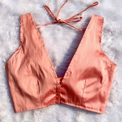 Peach Deep V Neck Plain Raw Silk Blouse - Fal3339