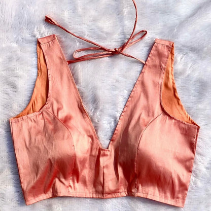 Peach Deep V Neck Plain Raw Silk Blouse - Fal3339