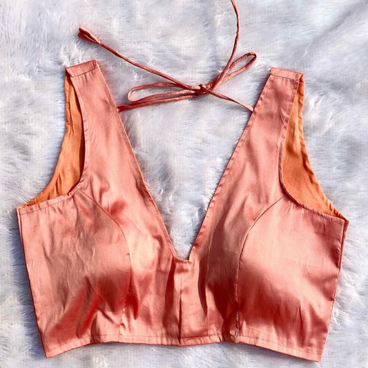 Peach Deep V Neck Plain Raw Silk Blouse - Fal3339