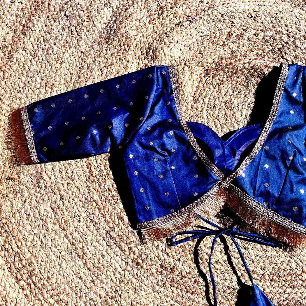 Navy Blue Polka Brocade Sweet Heart Neck Blouse- Fal3343