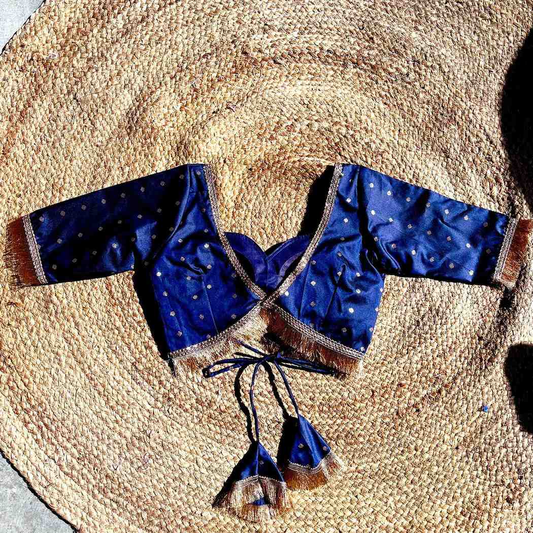 Navy Blue Polka Brocade Sweet Heart Neck Blouse- Fal3343