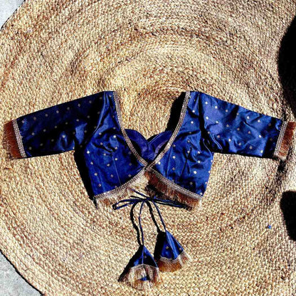 Navy Blue Polka Brocade Sweet Heart Neck Blouse- Fal3343