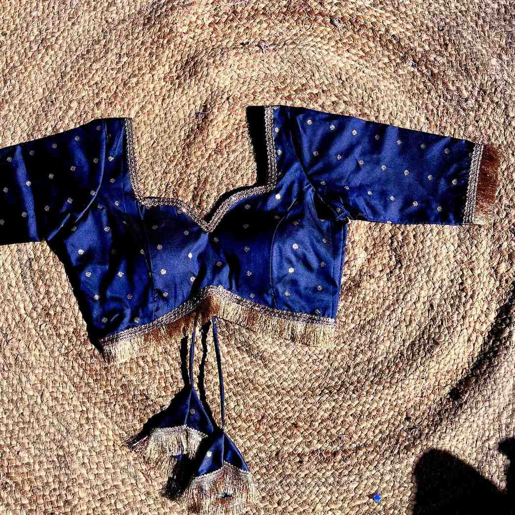 Navy Blue Polka Brocade Sweet Heart Neck Blouse- Fal3343