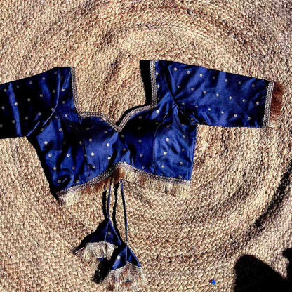 Navy Blue Polka Brocade Sweet Heart Neck Blouse- Fal3343