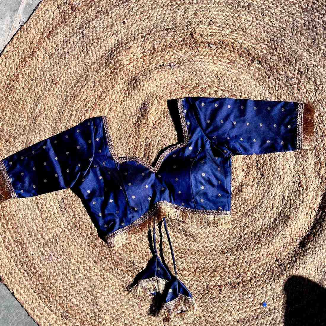 Navy Blue Polka Brocade Sweet Heart Neck Blouse- Fal3343