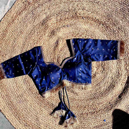 Navy Blue Polka Brocade Sweet Heart Neck Blouse- Fal3343