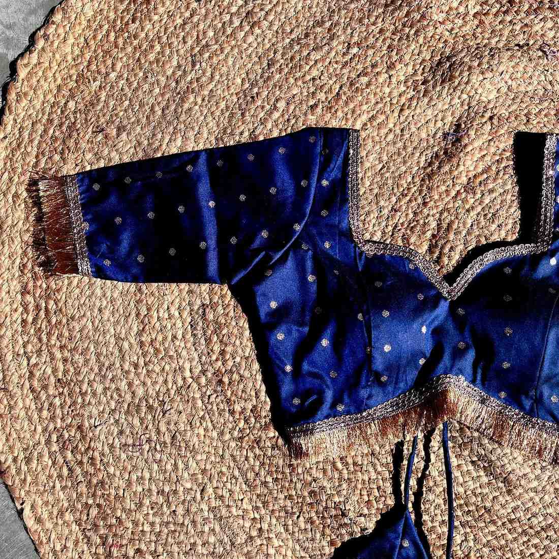 Navy Blue Polka Brocade Sweet Heart Neck Blouse- Fal3343