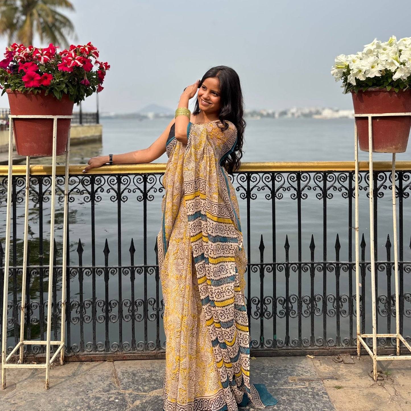 Yellow Handblock Kota Doria Saree