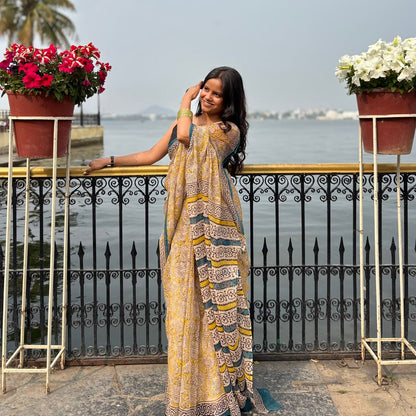 Yellow Handblock Kota Doria Saree