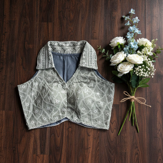 Grey Chikan Coller Cotton Blouse- Fal3351