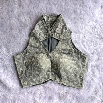 Grey Chikan Coller Cotton Blouse- Fal3351