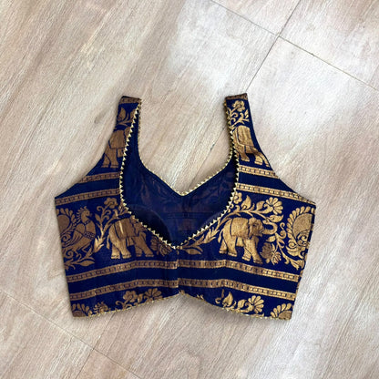 Navy Blue Brocade Elephant Blouse - Fal3355