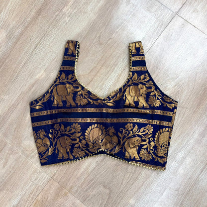 Navy Blue Brocade Elephant Blouse - Fal3355