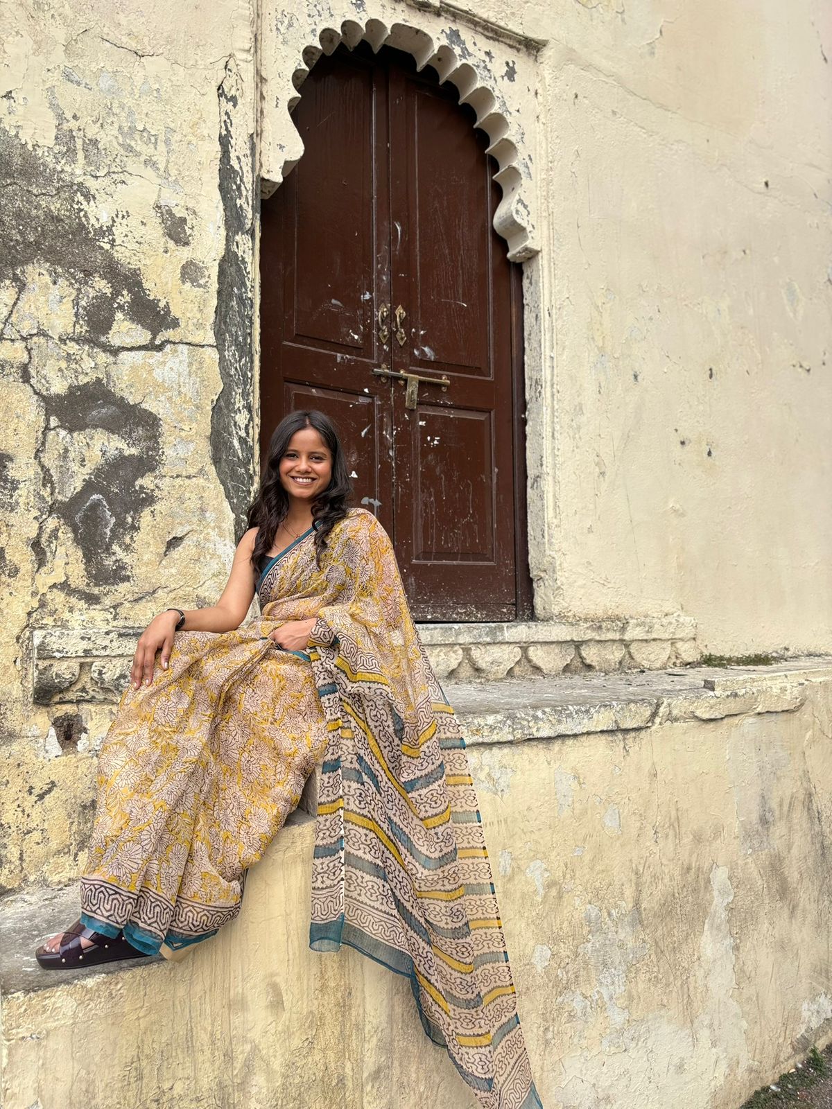 Yellow Handblock Kota Doria Saree
