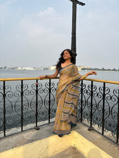 Yellow Handblock Kota Doria Saree