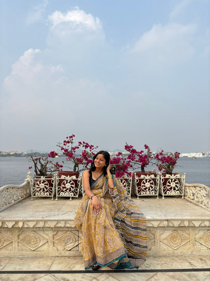 Yellow Handblock Kota Doria Saree