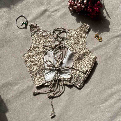 Cream Brown Jaal Deep V Neck Cotton Blouse - Fal3342