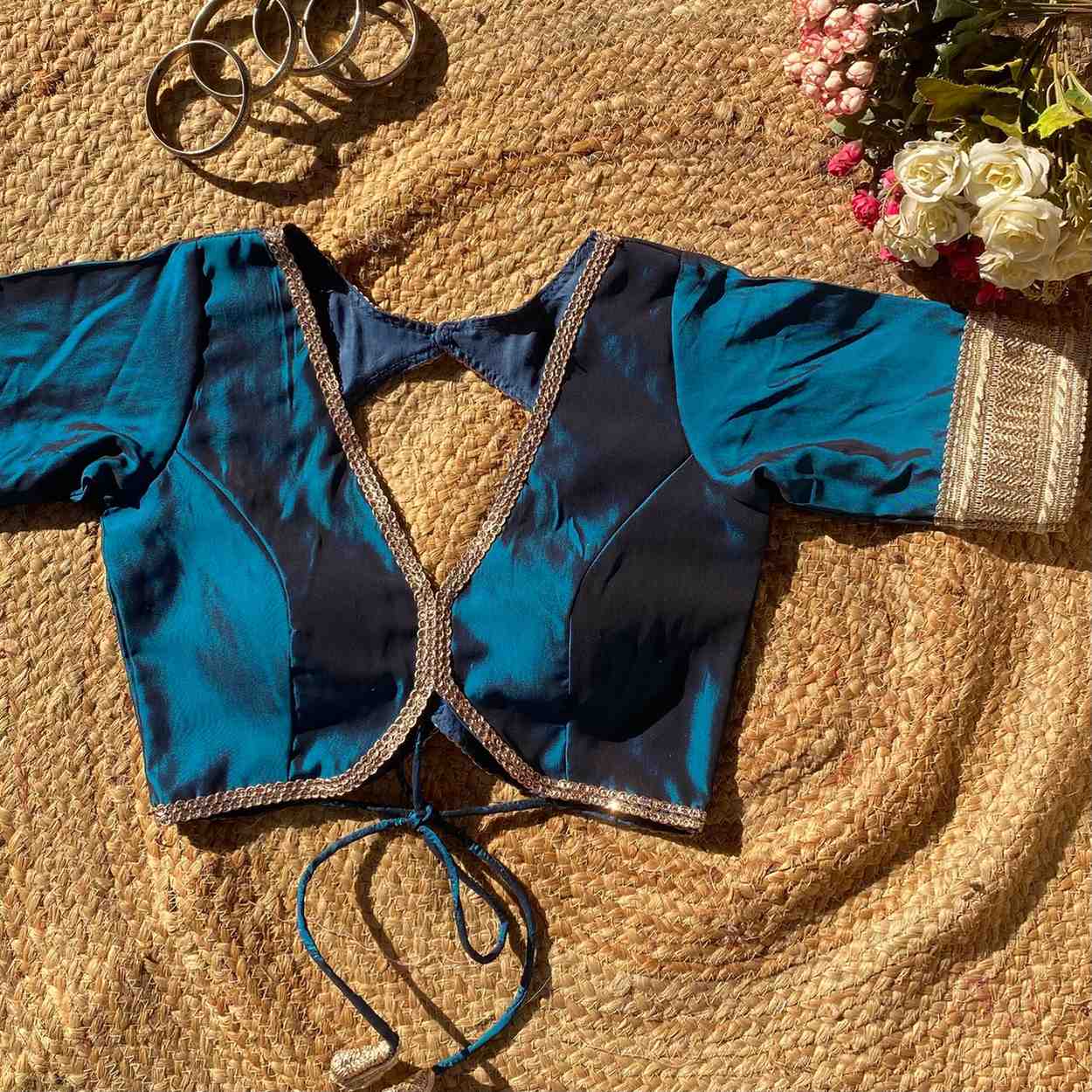 Metallic Turquoise Deep V Neck Silk Blouse- Fal3349