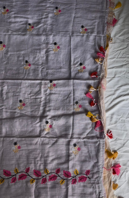 Lavender Floral Border Embroidery Mul saree