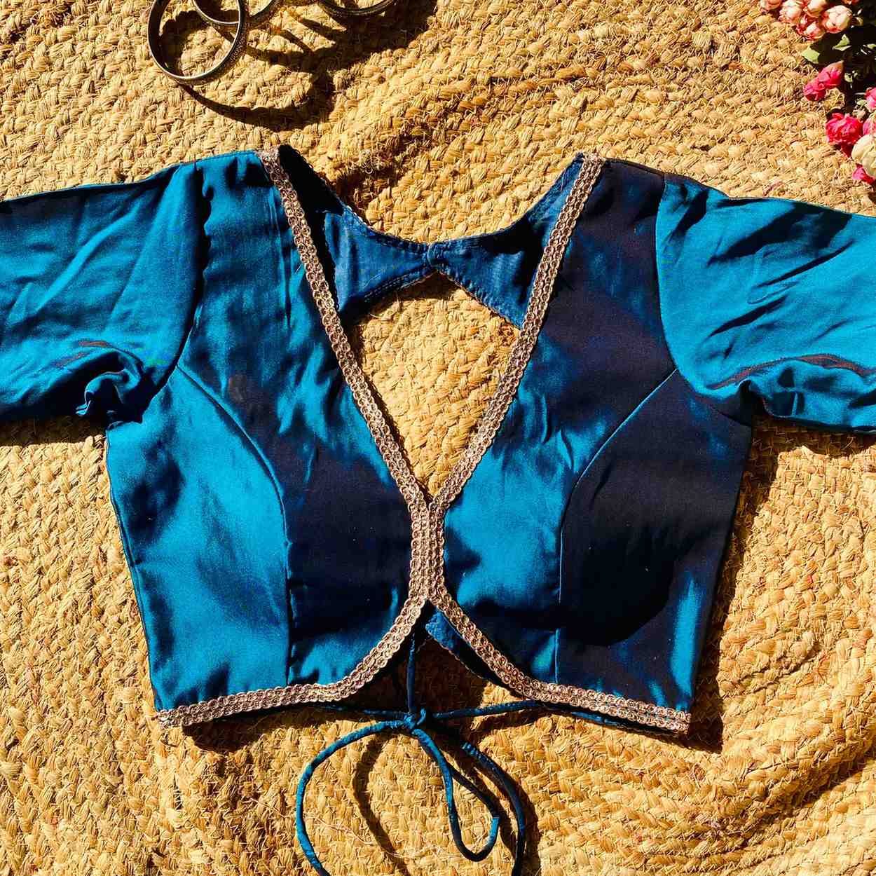 Metallic Turquoise Deep V Neck Silk Blouse- Fal3349