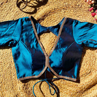 Metallic Turquoise Deep V Neck Silk Blouse- Fal3349