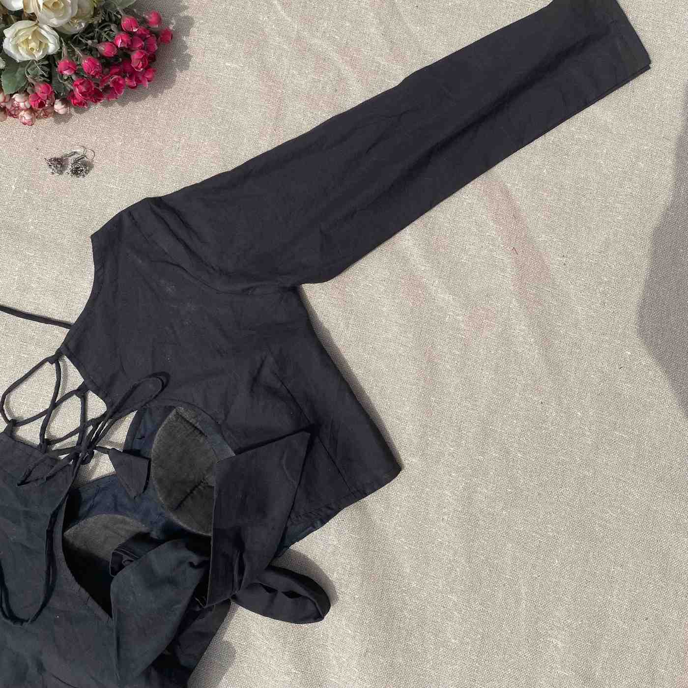 Black Sequin Work Full Sleeves Cotton Blouse - Fal3340