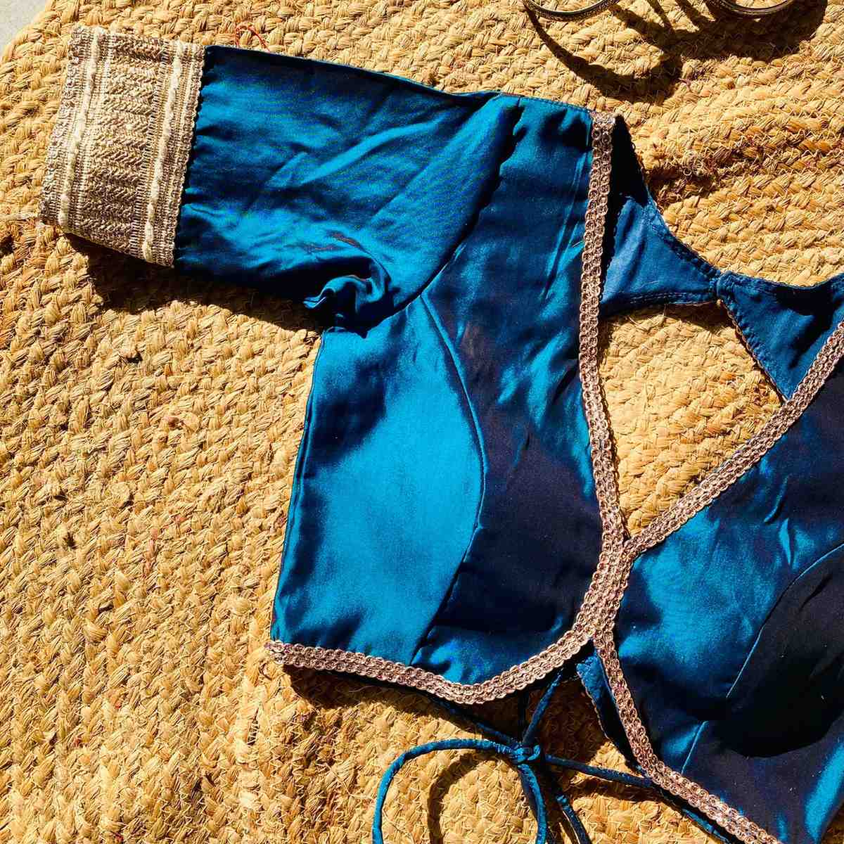 Metallic Turquoise Deep V Neck Silk Blouse- Fal3349