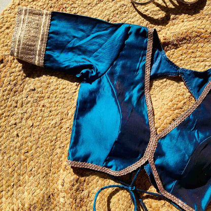 Metallic Turquoise Deep V Neck Silk Blouse- Fal3349