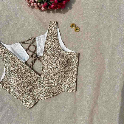 Cream Brown Jaal Deep V Neck Cotton Blouse - Fal3342