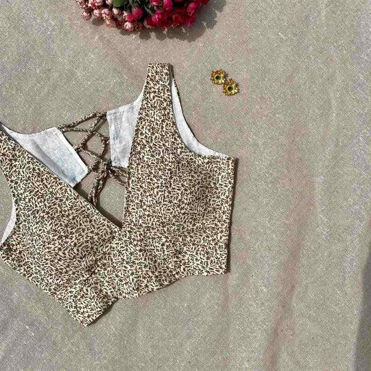 Cream Brown Jaal Deep V Neck Cotton Blouse - Fal3342