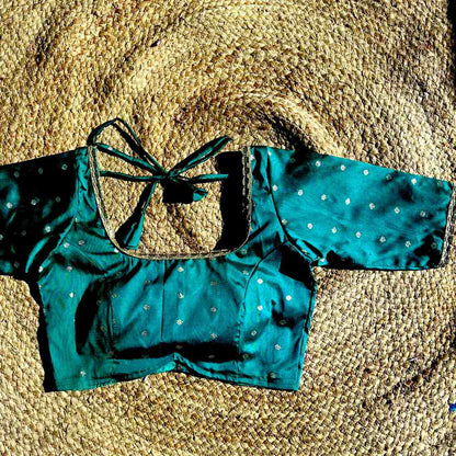 Teal Green Polka Brocade U Neck Blouse- Fal3344