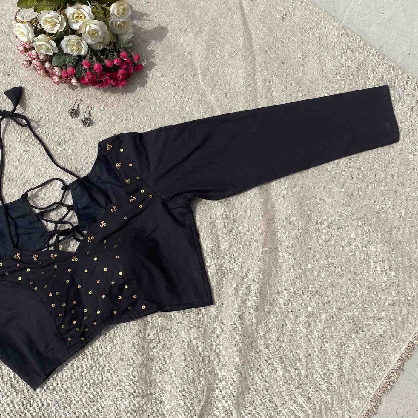 Black Sequin Work Full Sleeves Cotton Blouse - Fal3340